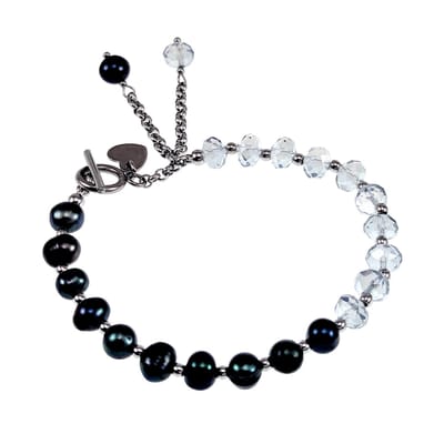 Armband Dames - Transparante Blauwgrijze Kristal - Zwarte Zoetwaterparels Design - RVS - Kralenarmband met T-sluiting