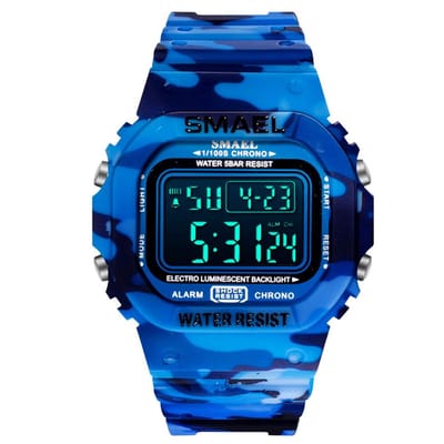 Digitaal Shockbestendig Heren Horloge leger Blauw camouflage | Smael | 1801 | Waterdicht | Glow in dark | Mud Master | Leger ARMY | Licht | Rubberen band | Timer | Eyecatcher | Master| kado