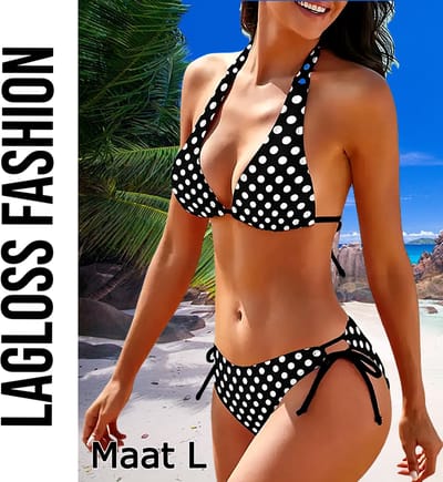 LaGloss® Bikini Set Polkadot Zwart Wit – 2-Delige Halternek Bikini met Zijstrik – Maat L