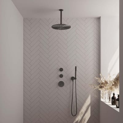 Brauer Gunmetal Carving Thermostatische Regendoucheset Inbouw - Hoofddouche 30 cm - Handdouche Staaf - Doucheslang - Wandaansluitbocht - Gunmetal