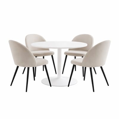 Carry eethoek tafel Ø110cm, 4 stoelen velours beige.