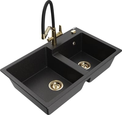 Mexen Tomas granieten gootsteen 2-kamer met keukenkraan Duo, zwart/zilver metallic - 6516-73-671701-57-G