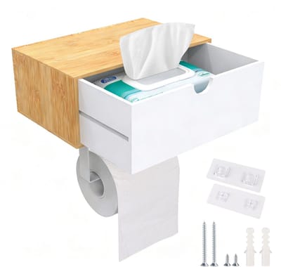 Dailygoods- Toiletpapierhouder zelfklevend - Bamboe/Roestvrij Staal