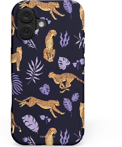 Casetastic hoesje geschikt voor Apple iPhone 16 - MagSafe - Dubbellaagse bescherming - Cheetah charisma - Fashion Case - Donkerblauw Lavendel Taupe Perzik