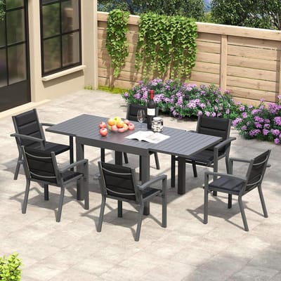 Tuinmeubelset 4 Personen 80/160x80 cm Uittrekbare Tuintafel met 4 Stapelbare Stoelen – Aluminium Weerbestendig Balkonset Terrasset Donkergrijs – Laura