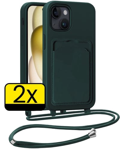 Hoesje Geschikt voor iPhone 15 Telefoonhoesje Met Koord Case Pashouder Siliconen - Hoes Geschikt voor iPhone 15 Hoesje Met Kaarthouder - Donkergroen - 2 Stuks