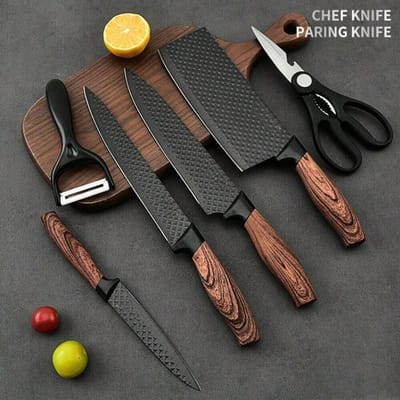 BORVAT® - Professionele Messenset 6-Delig - Vleesmes & Broodmes - Retro Design - Met Keukenschaar