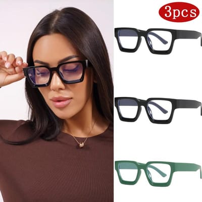 3 pièces Cadre Carré Vintage Designer Grande Monture Lunettes de Décoration Miroir Plat Lunettes Anti-lumière Bleue Européennes et Américaines Qualité Professionnelle black