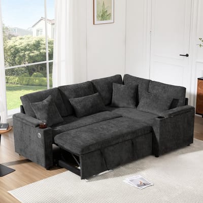 Sofa - L-vormig Uitschuifbaar Hoekbank - Canapé Convertible met Opbergruimte - Met Bekerhouder, USB-poort, Armleuningblad & 4 Kussens - 206x141x87 cm - Voor Woonkamer - Donkergrijs