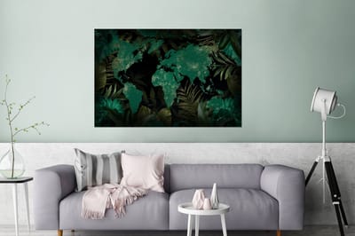 Aluminium schilderij 180x120 cm - Wanddecoratie metaal - Wereldkaart - Groen - Bladeren - Metalen muurdecoratie woonkamer - Decoratie industrieel - Foto op dibond - Industriële accessoires slaapkamer