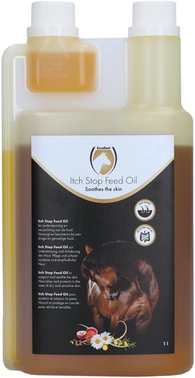 Excellent Horse Glanzende vacht Paard Supplement 1 L - Met Omega 3 - Ondersteunt verzachting van de huid van binnenuit - Paardenverzorging - Itch Stop Feed Oil