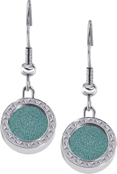 Quiges RVS Schroefsysteem Oorhangers Oorbellen Zilverkleurig met Zirkonia en Verwisselbare Glitter Turkoois Mini Munt Set - ECOS166