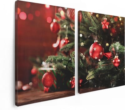 Artaza Canvas Schilderij Tweeluik Kerstboom Met Rode Lichtjes En Kerstballen - 120x80 - Foto Op Canvas - Canvas Print