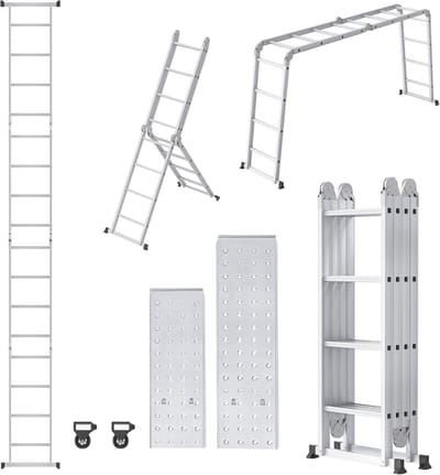 Aluminium Steiger - Vouwladder Combinatie - Klus Werkzaamheden - Veelzijdig Verstelbaar - 470 cm Maximale Hoogte - Zilver