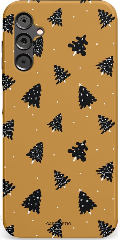 Casetastic hoesje geschikt voor Samsung Galaxy A14 (2023) 5G / Samsung Galaxy A14 (2023) 4G - Dubbellaagse bescherming - Zwarte Kerstboom Feest - Fashion Case - Goud Donkergrijs Taupe