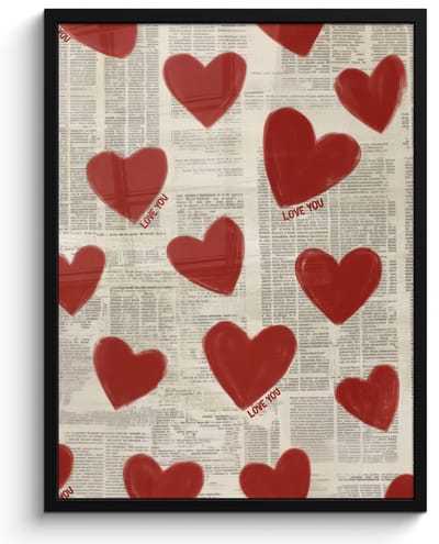 Poster in lijst - Fotolijst 50x70 cm - Posters - Hartjes - Krant - Loveyou - Posterlijst zwart - Decoratie - Wanddecoratie woonkamer - Muurdecoratie slaapkamer