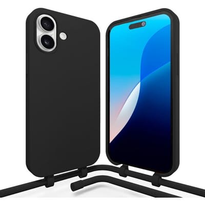 Coverzs siliconen hoesje met koord geschikt voor de Apple iPhone 16 hoesje - telefoonhoesje met afneembaar telefoonkoord - verstelbaar telefoonkoord - koordhoesje - TPU / siliconen materiaal (zwart)