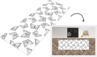 Keukenloper - Loper keuken - Vlinders - Patronen - Zwart Wit - 150x50 cm - Keukenloper vinyl