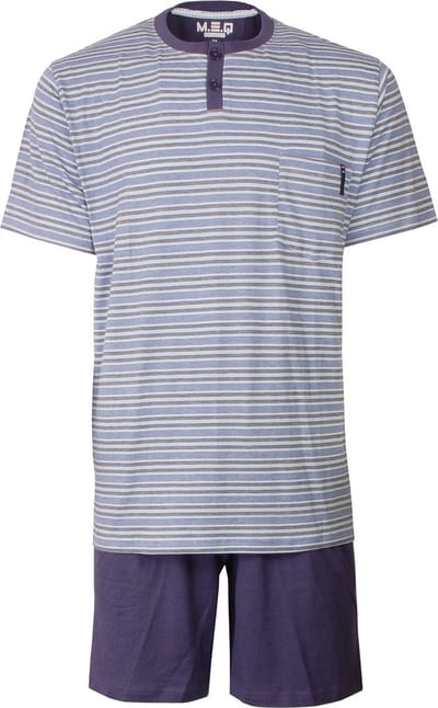 MEQ Heren Shortama - Pyjama Set - Borstzakje - Strepen - Blauw - Maat S
