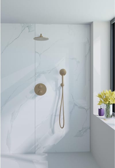 FugaFlow Eccelente Acces Inbouw Regendoucheset - rond - thermostatisch - wandarm - 25cm hoofddouche - ronde handdouche - Geborsteld Messing PVD (Goud)