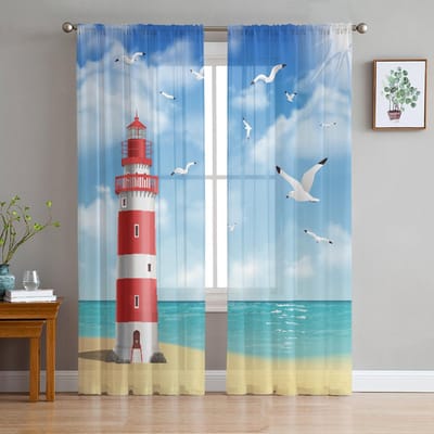 Lighthouse Beach Meeuw Transparante Gordijnen voor Woonkamer Decoratie Raamgordijnen voor Keuken Tule Voile Organza Gordijnen W135 x H185cm x1