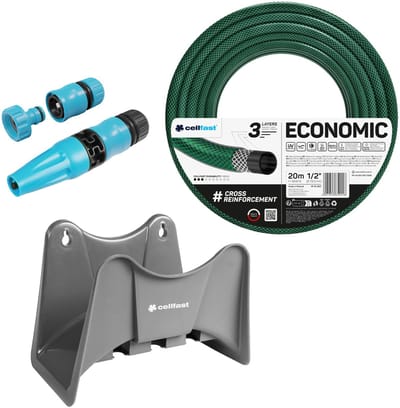 Cellfast Economic tuinslang 1/2" 20 m + Cellfast slanghouder (grijs) + set met Cellfast Basic rechte sproeier 1/2"