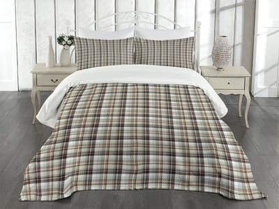 ABAKUHAUS Brown Plaid Bedspreidset, Brown Blue Geometric, gewatteerd 3-delig dekbedset, voor tweepersoonsbedden 220 x 220 cm, Camel Brown