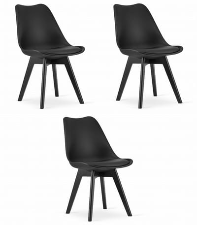 Set van 3 Stoelen MARK – Zwart, Zwarte Poten, Kunststof Zitting met Kunstlederen Kussen, Strak Design, Ergonomisch, Geschikt voor Keuken, Eetkamer, Kantine en Werkruimte, Max. 120 kg