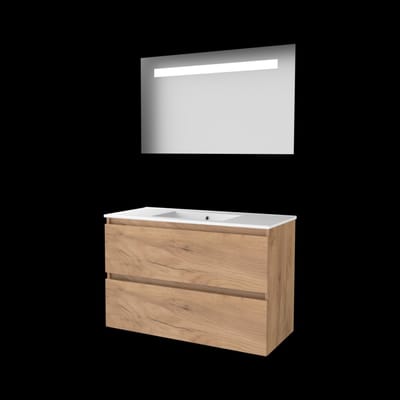 Basic-Line Economic 46 Badkamermeubelset - 100 x 46 cm - Greeploos - 2 Lades - Keramische Wastafel - 1 Kraangat - Spiegel met LED Verlichting - Whisky Oak
