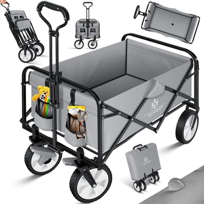 KESSER® Bolderkar opvouwbare Bolderwagen | incl. 2 netzakken Strandkar | PVC banden | tot 80 kg draagvermogen tuinaanhanger zonder dak - Grijs