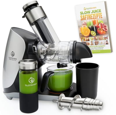 Nutrilovers Green-Press Slow Juicer 304 roestvrij stalen slak, BPA-vrij, Duits merk, hele vruchten, selderij, groenten en fruit, sapcentrifuge, testwinnaar 2023, allround sappers, elektrisch [Energieklasse A+++]