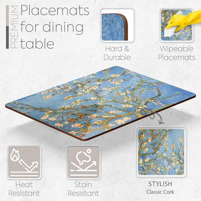 Candala Set van 4 hittebestendige kurkplacemats voor eettafel, met 4 bijpassende drankonderzetters, blauw, botanisch design, 40,6 x 30,5 cm, onderkant van kurk, harde placemats (amandelbloesem)