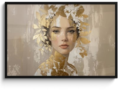 Poster in lijst - Fotolijst 120x80 cm - Posters - Gezicht - Vrouw - Bladeren - Goud - Posterlijst zwart - Decoratie - Wanddecoratie woonkamer - Muurdecoratie slaapkamer
