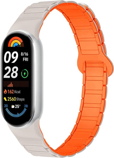 Stravo Magnetic Bandje – Geschikt voor Xiaomi Smart Band 10 / Xiaomi Smart Band 9 / Xiaomi Smart Band 8 – Zacht Siliconen Sport Horlogebandje met Sterke Magneet voor Xiaomi Mi Band 8 / 9 / 10 (Starlight/oranje)