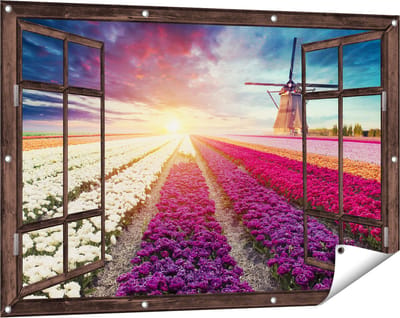 Gards Tuinposter Doorkijk Kleurrijke Tulpen Bloemenveld - Windmolen - 120x80 cm - Tuindoek - Tuindecoratie - Wanddecoratie buiten - Tuinschilderij