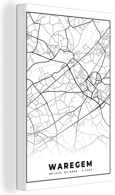 Canvas Schilderij Zwart Wit – België – Plattegrond – Stadskaart – Kaart – Waregem - 20x30 cm - Wanddecoratie