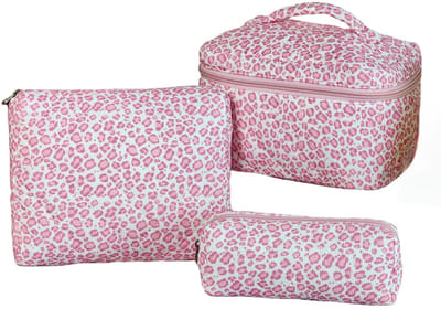 Set van 3 Make-up Tasjes Gewatteerd Bloemen Katoen – Grote Capaciteit Esthetische Cosmetische Tas & Toilettas voor Vrouwen – Reistas Organizer met Ritssluiting -Roze rimpelingen, 3-delige set [Groot + Middel + Klein]