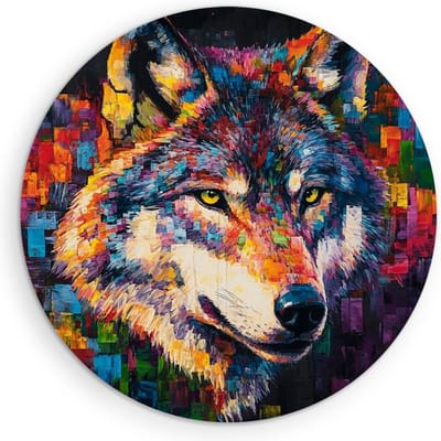 Saammp Muurcirkel Hout - Abstracte Wolf - Kleurrijk - Dieren - Natuur - Ø 90 - Wandcirkel - Wanddecoratie Cirkel - muurdecoratie Woonkamer - Slaapkamer decoratie - Rond Schilderij