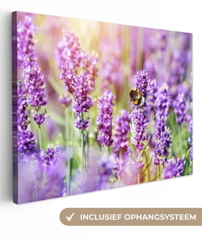 Canvas schilderij 40x30 cm - Wanddecoratie Lavendel - Bij - Bloemen - Natuur - Muurdecoratie woonkamer - Slaapkamer decoratie - Kamer accessoires - Schilderijen op canvas