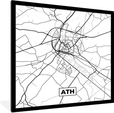 Fotolijst incl. Poster Zwart Wit- Stadskaart – Plattegrond – België – Zwart Wit – Ath – Kaart - 40x40 cm - Posterlijst