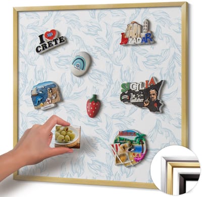 Wallfluent - Blauw Magneetbord met Patronen - 50 cm x 50 cm - Magneetbord met Gouden Frame - Regelmatig bladpatroon - Magnetisch Bord Muurbevestiging - Magnetisch Wandbord - Memobord voor Keuken