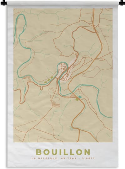 Wandkleed - Wanddoek - Kaart - Stadskaart - Vintage - Bouillon - Plattegrond - 120x180 cm - Wandtapijt