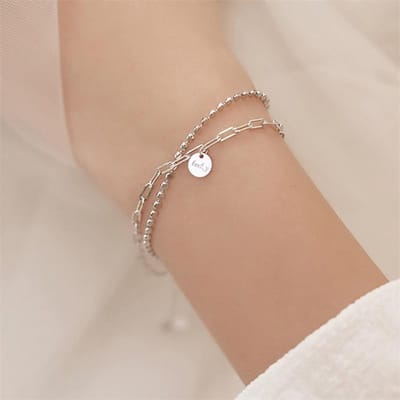 Bracelet double couche en argent sterling 925 anti-allergie, perles rondes et jonc élégants pour femmes, bijoux de fête de Noël, Sl262 beige