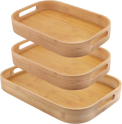 3-delige Bamboe Dienblad Set met Handvatten - Houten Dienbladen voor Ontbijt, Serveerplank en Decoratie - Rectangulaire Tray 33 x 22 x 4 cm en 40 x 28 x 5 cm