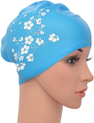 Elastische Silikonenhut voor Zwemmers met Oorbescherming voor Lang Haar - Sakura Print in Lichtblauw