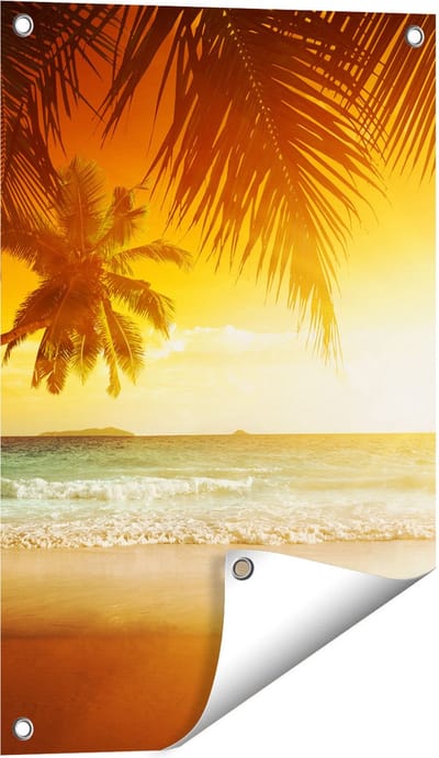 Gards Tuinposter Tropisch Strand tijdens Zonsondergang - 40x60 cm - Tuindoek - Tuindecoratie - Wanddecoratie buiten - Tuinschilderij