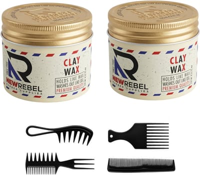 New Rebel Clay Wax – Matte Haarwax – Sterke Hold – Natuurlijke Look – 2 x 125 ml + 4 Stylingkammen – Haarwax Mannen