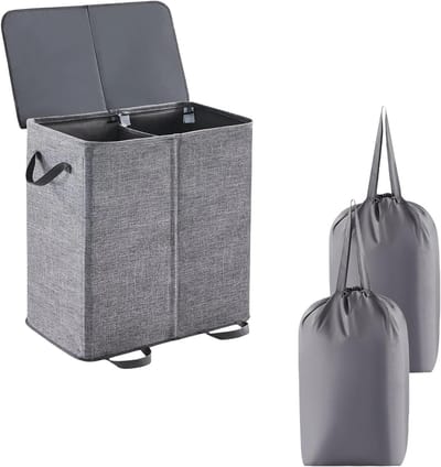 Wasmand met deksel-wasmand 2 vakken- uitneembare waszak - 2 compartimenten - opvouwbaar ontwerp - geschikt voor slaapkamer of badkamer - grote inhoud met handvat - grijs - 50x60x35cm