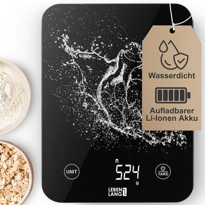 LEBENLANG - Keukenweegschaal Digitaal - Keukenweegschaal – Waterdicht & USB Oplaadbaar (Inclusief Kabel) – Tot 10 kg – Nauwkeurige Voedsel- Bakweegschaal – Elektronische Keukenweegschaal