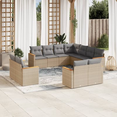 vidaXL - 11-delige - Loungeset - met - kussens - poly - rattan - gemengd - beige